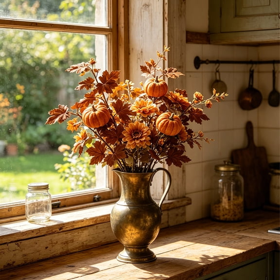 Dongrere Artificial Fall Branch with Maple Leaf & Pumpkin, Faux Autumn Decorative Stems for Thanksgiving Halloween Mantel Home Table Decor, 23.6 Inch, D