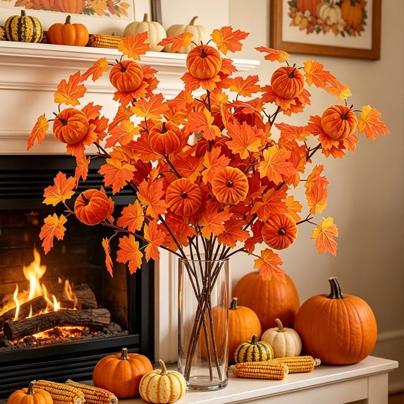 Dongrere Artificial Fall Branch with Maple Leaf & Pumpkin, Faux Autumn Decorative Stems for Thanksgiving Halloween Mantel Home Table Decor, 23.6 Inch, A