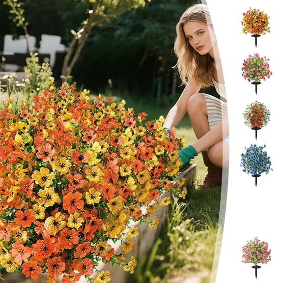 Dongrere Artificial Petunia Stakes, UV-Resistant Faux Flower Bush for Garden Beds, Patio Planters, Yard Decor, Landscaping, 22 Inch, Orange