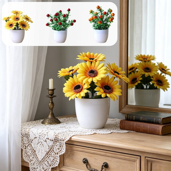 Dongrere Artificial Potted Plants with White Plastic Pot Fake Bush Greenery Faux Flower Arrangement Decorative for Home Bedroom Office Desk, A