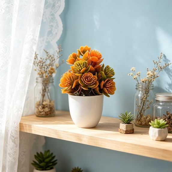 Dongrere Autumn Artificial Potted Plant, Orange Fake Flower & Grass, Small Fall Fake Plant for Farmhouse Living Room Table Desktop Decor, 6.3x5.9 Inch, B