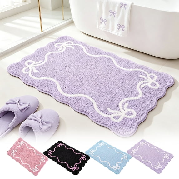 Dongrere Bow Tufted Bath Mat, Absorbent Non-Slip Bathroom Rug, Decorative Floor Mat Shower Carpet for Home Floor Front Door Use, 15.7x23.6 Inch, Purple