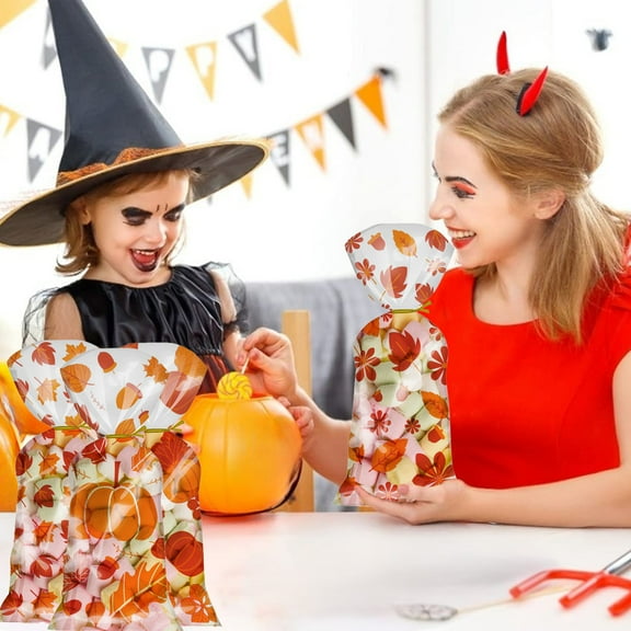 Dongrere Clear Gift Bags for Favors Fall Cellophane Treat Bags Orange Pocket Bag for Thanksgiving, Halloween, Fall Party