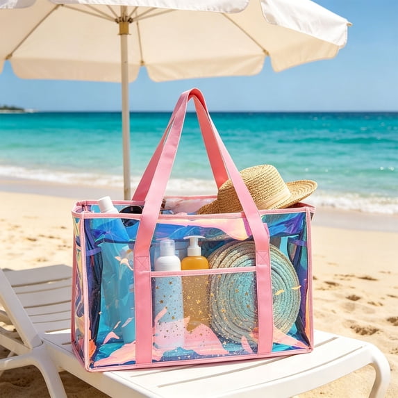 Dongrere Clear PVC Beach Tote Bag, Waterproof Large Capacity Transparent Shoulder Handbag for Pool Travel Grocery, Pink