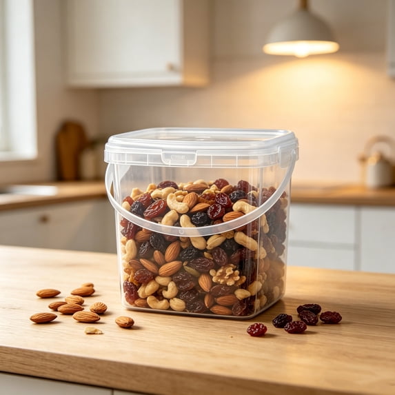 Dongrere Clear Plastic Food Storage Bucket with Handle & Lid, Large Reusable Container, Square Storage Container for Fruit Veggie Fridge Pantry, L Size