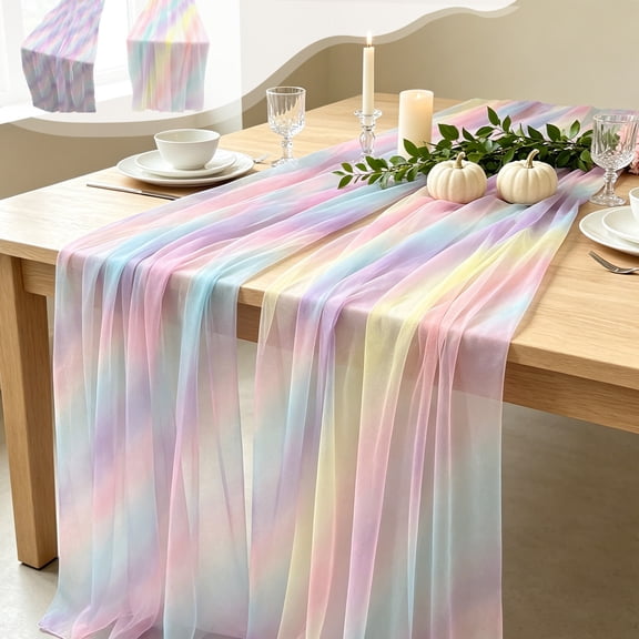 Dongrere Colorful Chiffon Table Runner 71x11.8 Inch Sheer Table Runner Tulle Rainbow Tablecloth for Wedding Bridal Shower Birthday Party Dining Table Decor, B