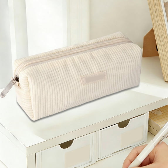 Dongrere Corduroy Pen Case Large Soft Pencil Bag Pencil Pouch Organizer with Zipper for Office Use, Gift for Friends, 7.5x3.1 Inch, White