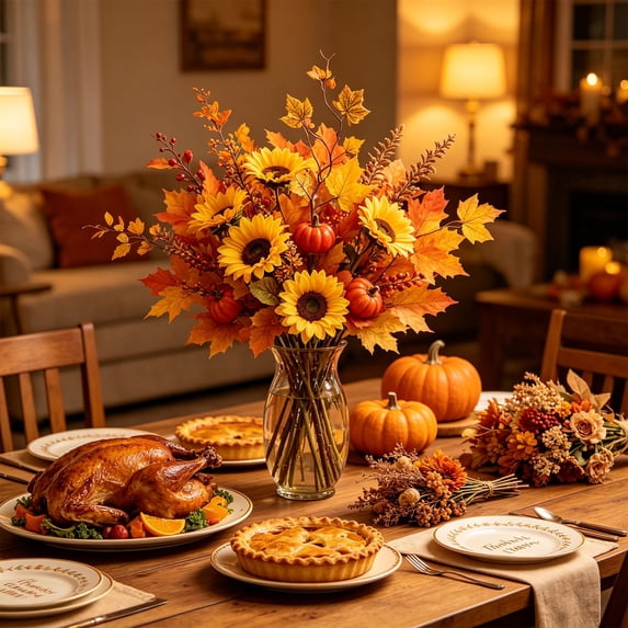 Dongrere Fall Artificial Stems with Sunflower Pumpkin Maple Leaf, Faux Berry Pick for Thanksgiving Porch Vase Decor, 19.7 Inch, C