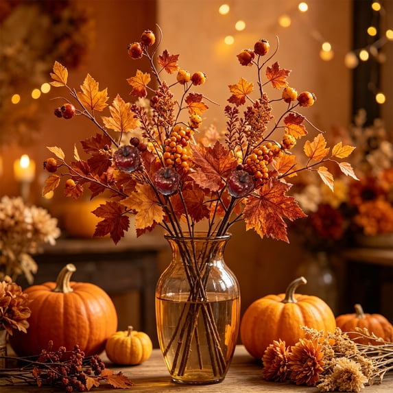 Dongrere Fall Artificial Stems with Sunflower Pumpkin Maple Leaf, Faux Berry Pick for Thanksgiving Porch Vase Decor, 19.7 Inch, D