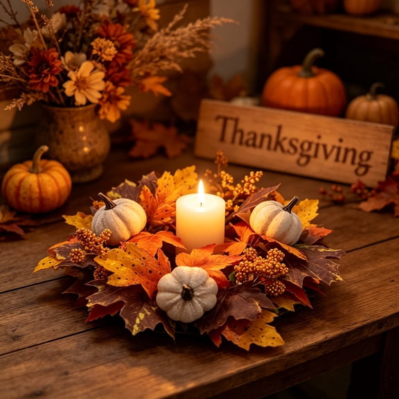 Dongrere Fall Candle Ring Velvet Pumpkin Maple Leave Small Wreath Artificial Candle Holder for Thanksgiving Halloween Decor, 3 Inch, D