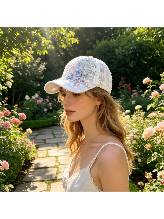 Dongrere Floral Embroidered Mesh Baseball Cap, Breathable Lace Sun Hat with Adjustable Strap for Outdoor Beach Shipping