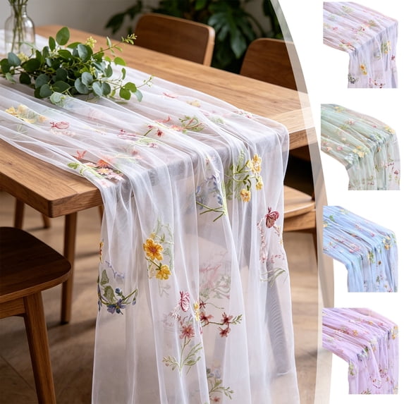 Dongrere Floral Table Runner Embroidery Tulle Spring Floral Table Runner Transparent Long Table Scarf for Wedding Shower Dining Table Party Mantel Decor, 27.5x71 Inch, White