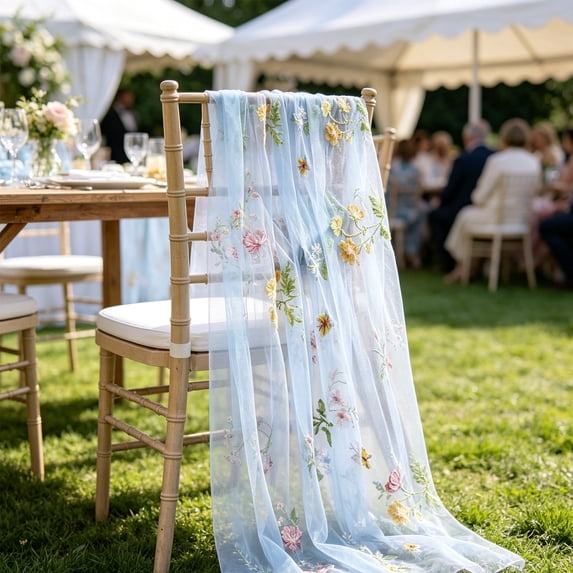 Dongrere Floral Table Runner Embroidery Tulle Spring Floral Table Runner Transparent Long Table Scarf for Wedding Shower Dining Table Party Mantel Decor, 27.5x71 Inch, Blue