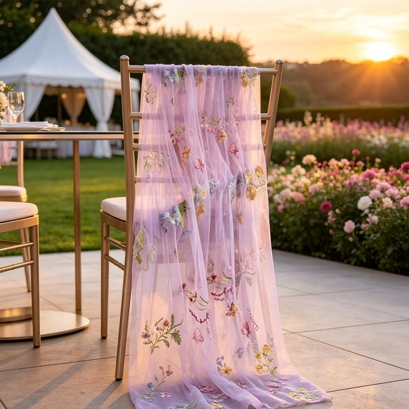 Dongrere Floral Table Runner Embroidery Tulle Spring Floral Table Runner Transparent Long Table Scarf for Wedding Shower Dining Table Party Mantel Decor, 27.5x71 Inch, Purple