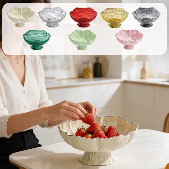 Dongrere Flower-Shaped Footed Serving Bowl, Decorative Fruit Bowl with Rim for Snacks, Desserts and Home Decor, 10x4.7 Inch, White