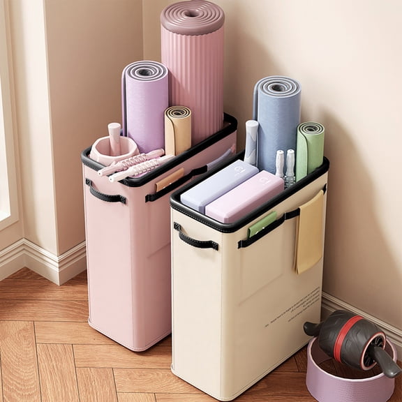 Dongrere Foldable Yoga Mat Storage Rack, Multiple Pockets & Handles, Narrow Fitness Gear Storage Bin for Home Gym Bedroom Use, 15.3x7.8x20 Inch, Beige