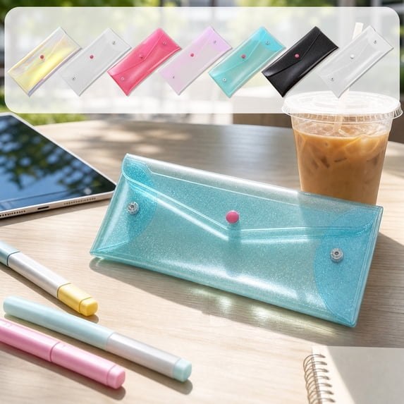 Dongrere Glitter Clear Snap Pencil Case, Envelope Style Transparent Sparkle Stationery Bag for College Home Office Pen Makeup Storage, Blue