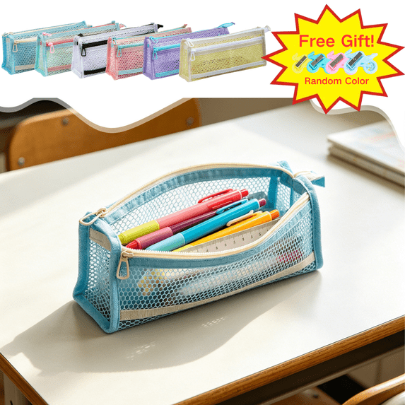 Dongrere Grid Mesh Pencil Case, Double Zipper Pencil Bag, Clear Marker Pouch, Large Capacity Stationary Organizer for Home College Office, Blue(with Gift)