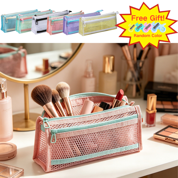 Dongrere Grid Mesh Pencil Case, Double Zipper Pencil Bag, Clear Marker Pouch, Large Capacity Stationary Organizer for Home College Office, Pink(with Gift)