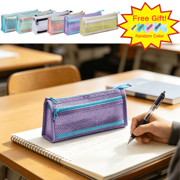 Dongrere Grid Mesh Pencil Case, Double Zipper Pencil Bag, Clear Marker Pouch, Large Capacity Stationary Organizer for Home College Office, Purple(with Gift)