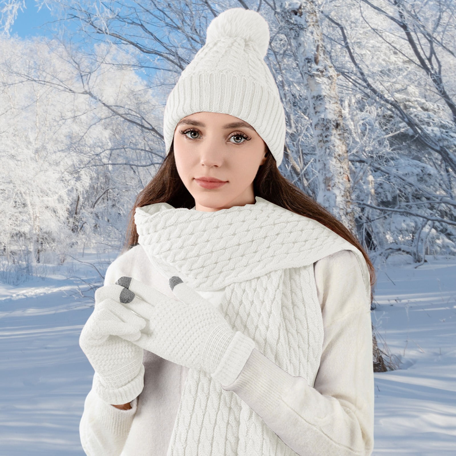 Hoyuwak Knitted Hat Scarf Gloves Set - Pom Pom Beanie, Warm Gloves, Winter Scarf, Christmas Gift Set (White/Red)