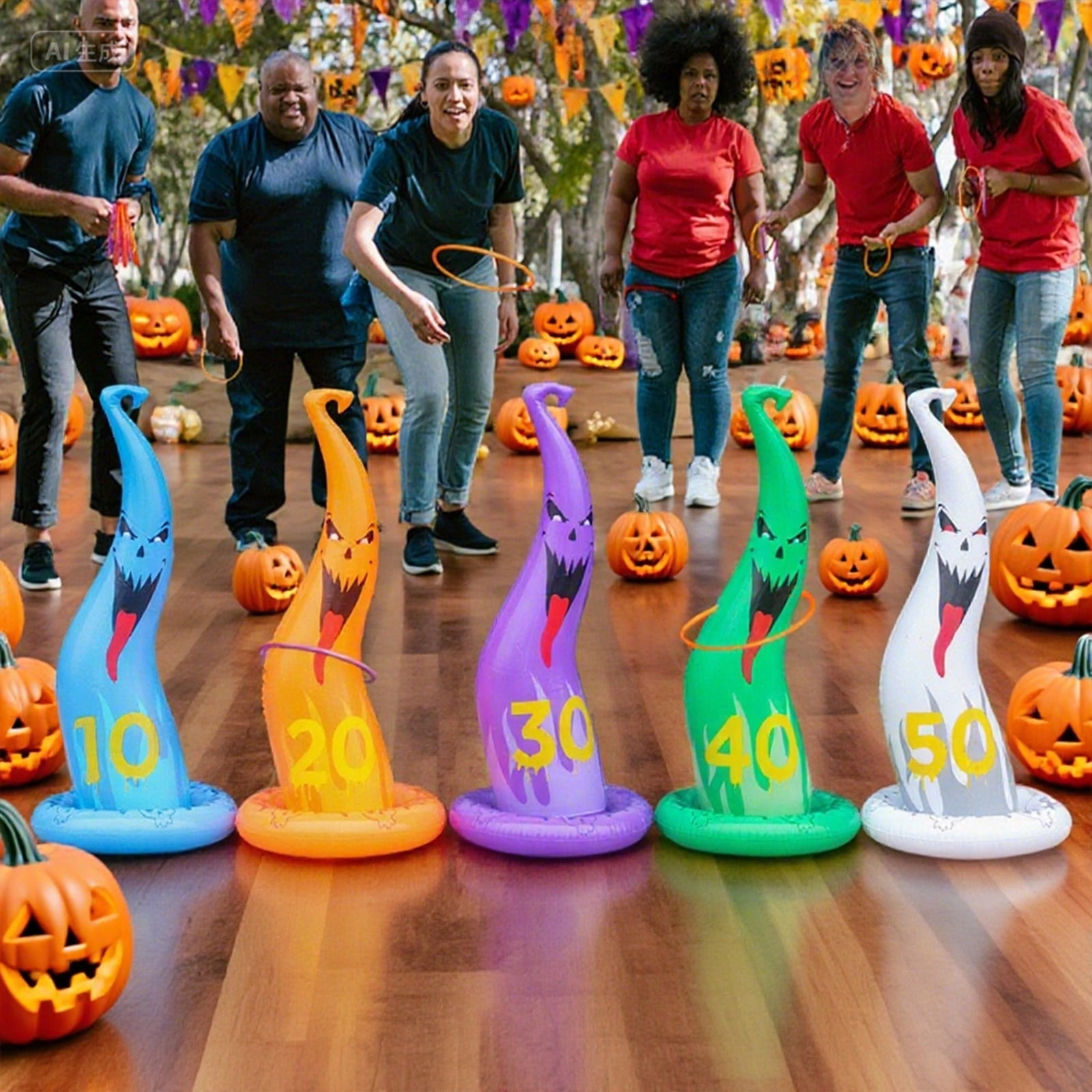 Halloween Outdoor Game Set 19-Pack - Potato Sack Race Bags, Inflatable Spider Toss, Spoon & Egg Race, Legged Relay Bands