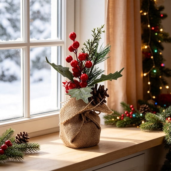 Dongrere Mini Christmas Tabletop Potted Artificial Berry Pine Cone Plants for Mantel, Table, Shelf Decor, 8.2 Inch, B