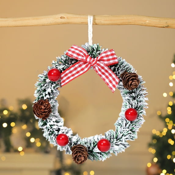 Dongrere Mini Christmas Wreath Ornament, 3.15 Inch Xmas Tree Hanging Wreath with Bow & Berries for Holiday Window Home Decor, B