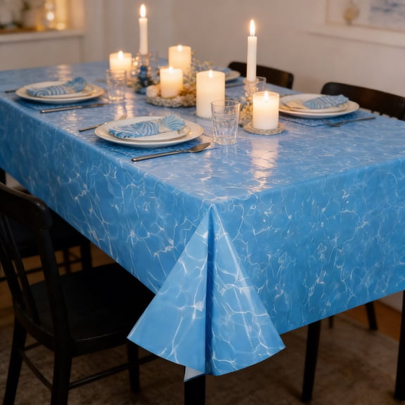 Dongrere Ocean Waves Plastic Tablecloth Water Ripple Print Blue Tablecloth for Party Beach Theme Decor, 86.6x51.2 Inch