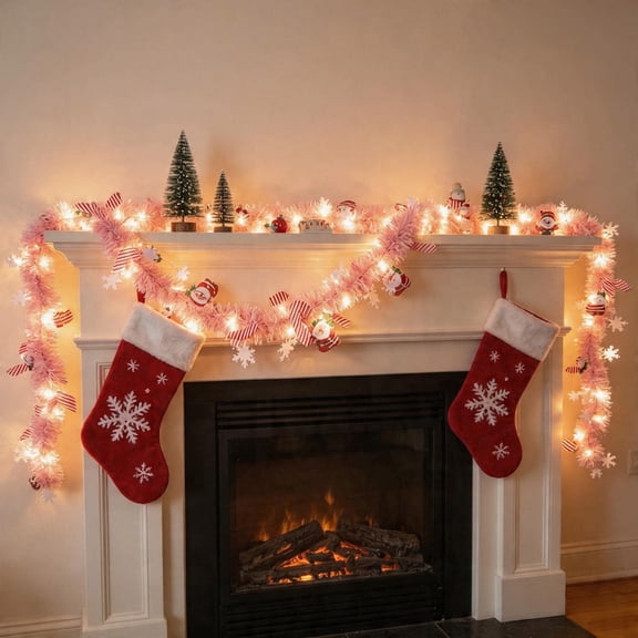 Dongrere Pink Tinsel Christmas Garland Light with Snowflake Santa Claus Metallic Foil Lighted Vine for Stair Railing Mantel Front Door Decor, 118 Inch
