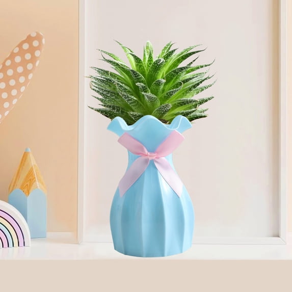 Dongrere Plastic Vase with Ruffled Wavy Edge, Pastel Flowers Vase with Pink Bow for Office, Indoor Wedding Decoration Birthday Gift, 4.1x6.3 Inch, Blue