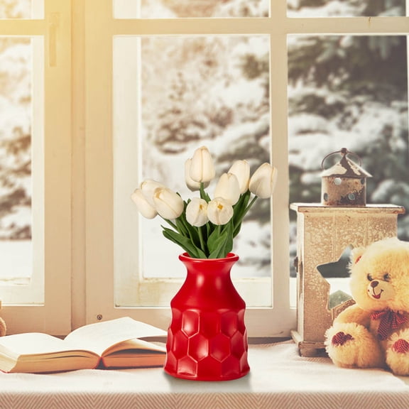 Dongrere Plastic Vase, Textured Flower Vase for Living Room Bedroom Table Home Decor, Red