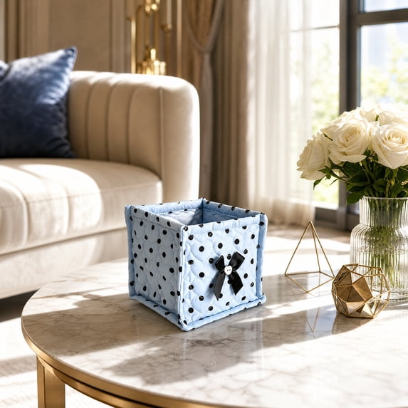 Dongrere Polka Dot Storage Basket Quilted Fabric Square Makeup Basket Cosmetic Organizer for Women Bathroom Use, 5.5 Inch, Blue