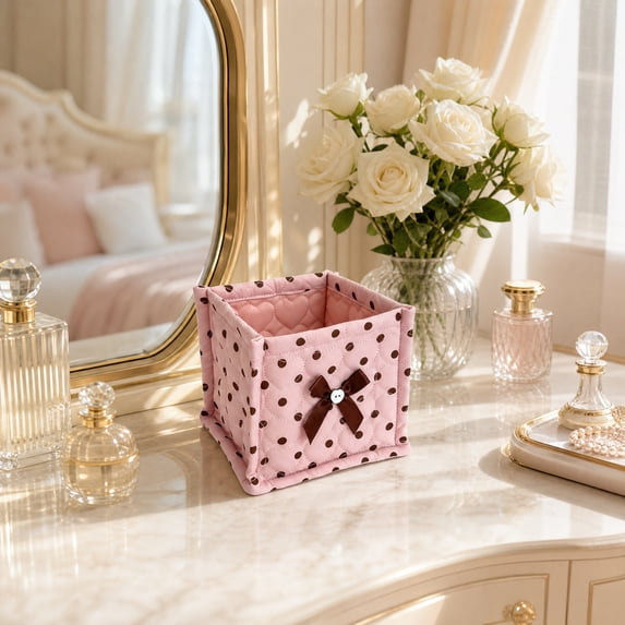 Dongrere Polka Dot Storage Basket Quilted Fabric Square Makeup Basket Cosmetic Organizer for Women Bathroom Use, 5.5 Inch, Pink