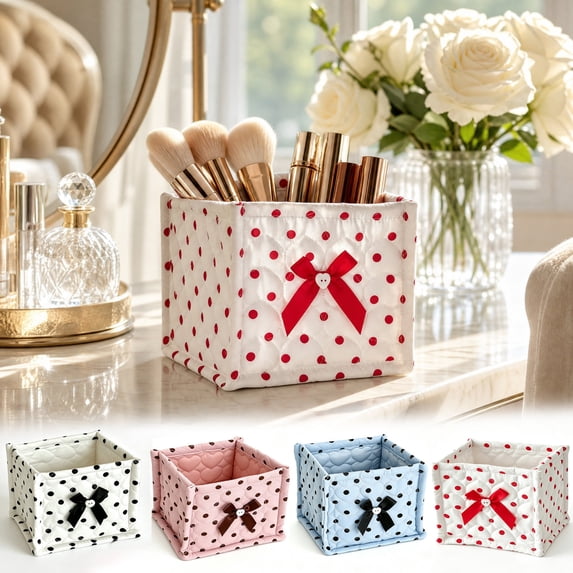 Dongrere Polka Dot Storage Basket Quilted Fabric Square Makeup Basket Cosmetic Organizer for Women Bathroom Use, 5.5 Inch, Red