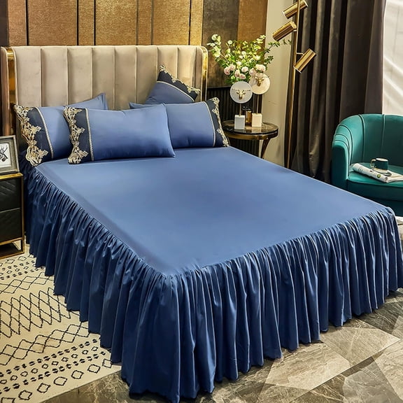 Dongrere Ruffled Bed Skirt Solid Color Bed Frame Cover Bed Base Cover for Bedroom Hotel Bedding Supplies, 78.7x59 Inch, Dark Blue