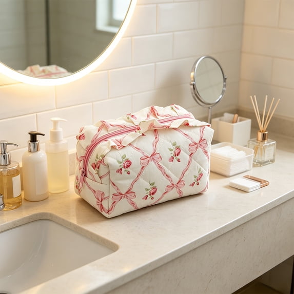 Dongrere Ruffled Floral Quilted Fabric Cosmetic Bag, Zipper Makeup Pouch, Portable Storage Bag for Travel Home Use, C