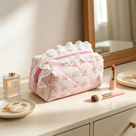 Dongrere Ruffled Floral Quilted Fabric Cosmetic Bag, Zipper Makeup Pouch, Portable Storage Bag for Travel Home Use, D