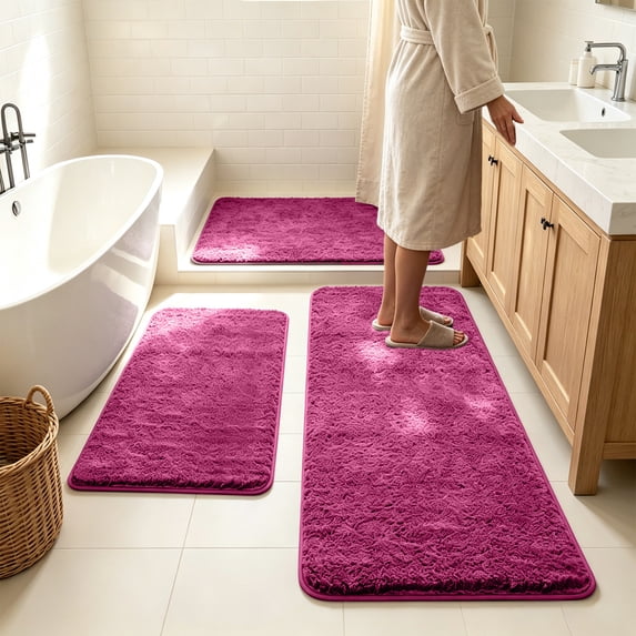 Dongrere Solid Color Bathroom Rug Set, 3-Piece Shaggy Fluffy Bath Mats, Non-Slip Area Rug for Bathroom Floor Tub Shower Decor, Red