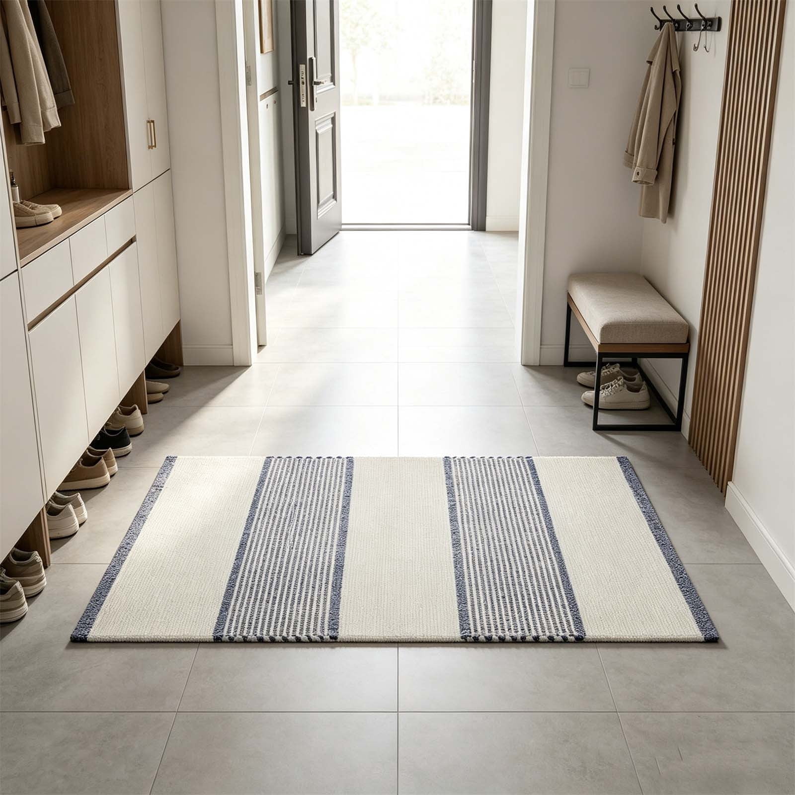 Dongrere Striped Entryway Mat, Non-Slip Absorbent Beige & Blue Textured ...
