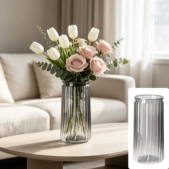 Dongrere Tall Ribbed Plastic Vase Clear Straight Cylinder Wide Mouth Flower Vase for Wedding Table Centerpiece Indoor Decor, 3.3x7.8 Inch, Gray