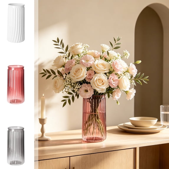 Dongrere Tall Ribbed Plastic Vase Clear Straight Cylinder Wide Mouth Flower Vase for Wedding Table Centerpiece Indoor Decor, 3.3x7.8 Inch, Pink