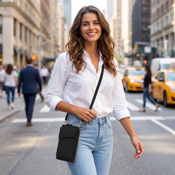 Dongrere Wallet Cell Phone Purse Crossbody Bag with Credit Card Slots Purse PU leather Zipper Adjustable Strap, 4.5x7.5 Inch, Black