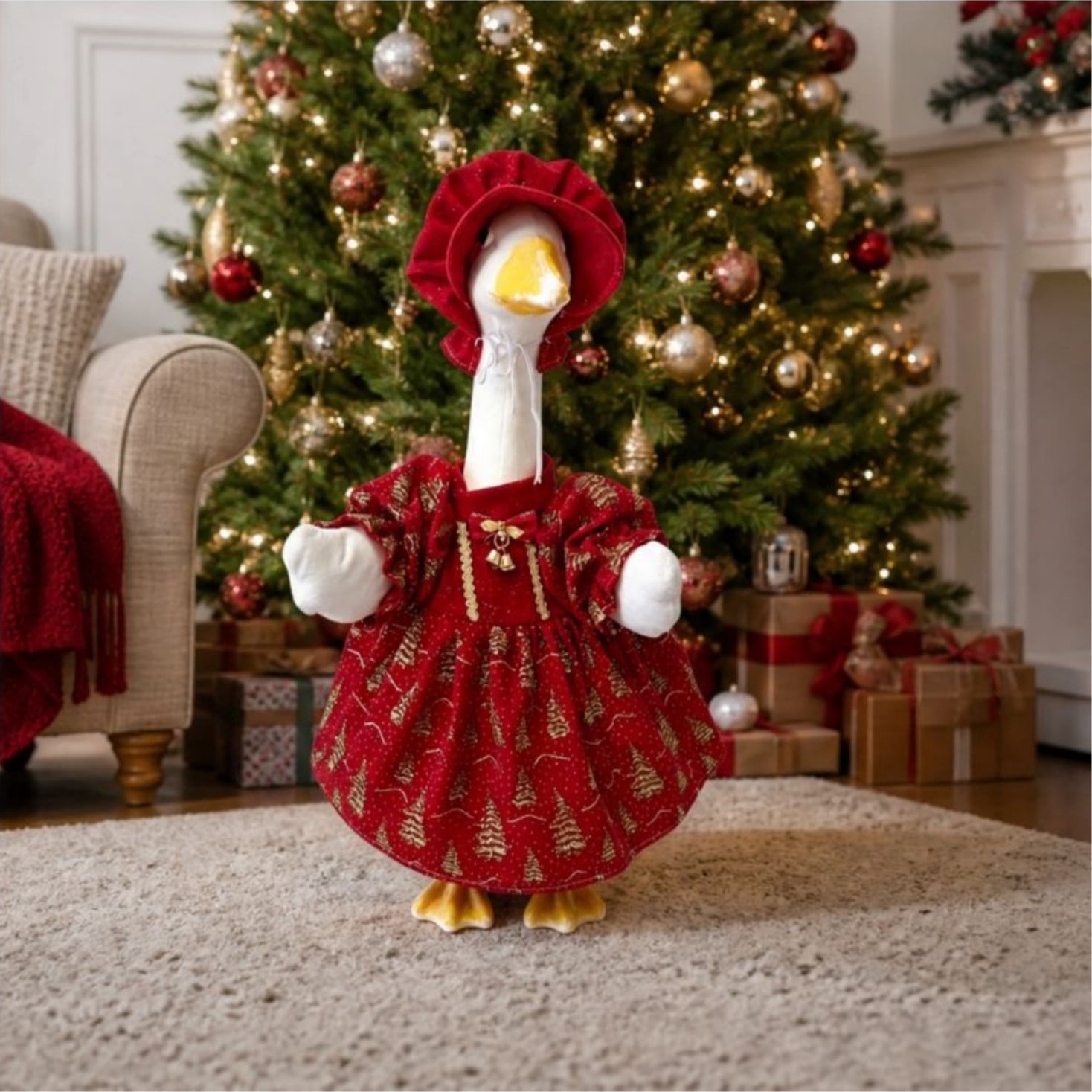 Dongrere Winter Goose Outfit Golden Tree Print Gown & Ruffled Red ...