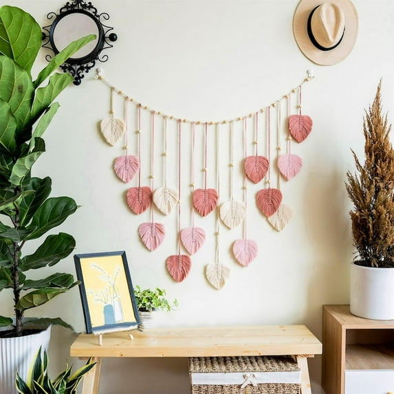 Dongrere Woven Wall Hanging, Bohemian Wall Decor, Crochet Leaves with Tassel, Wall Art for Bedheads, Doors, Mantels, Front Doors