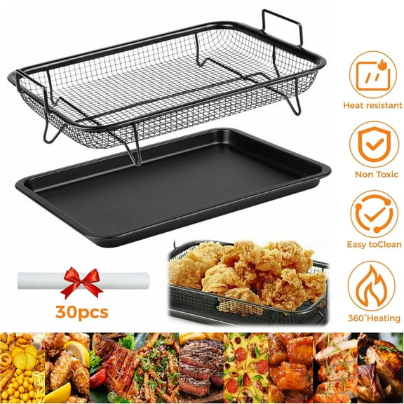 Dongyi 15.4x11.5 Inch Air Fryer Basket for Oven-Stainless Steel Baking Pan with Wire Rack,Non Stick Crisper Tray for Chicken,Fries,Bacon,Dishwasher Safe(30 PCS Parchment Papers)