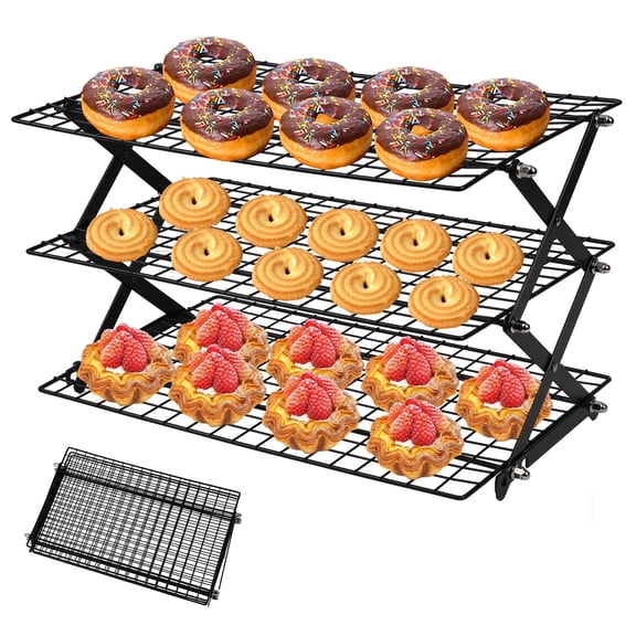 Dongyi 3-Tier Foldable Cooling Rack - Oven Safe up to 450°F,Collapsible Non-Stick Coating Rack for Baking,Grilling & Outdoor Camping,Heavy Duty Iron Wire,Black
