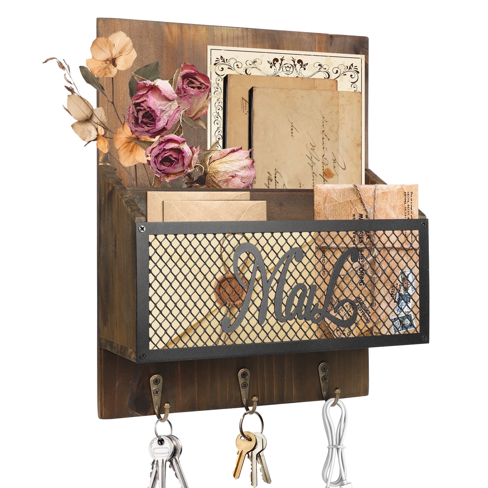 Dongyi Rustic Farmhouse Mail Organizer Wall Mounted - Wooden Mail Sorter with 3 Hooks for Letters, Keys & Magazines, Brown Entryway Decor with Newspaper Slot
