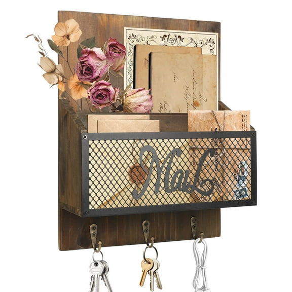 Dongyi Rustic Farmhouse Mail Organizer Wall Mounted - Wooden Mail Sorter with 3 Hooks for Letters, Keys & Magazines, Brown Entryway Decor with Newspaper Slot