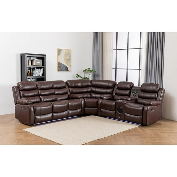 Donivi LED Faux Leather Reclining Sectional in Brown